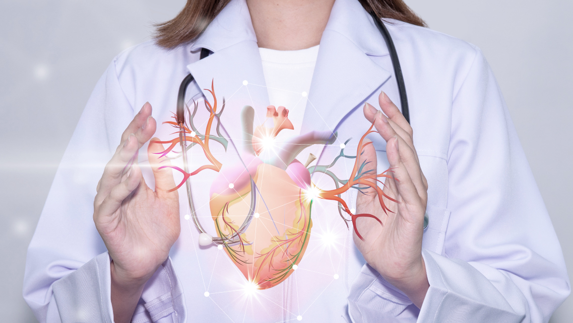 3D illustration of a cardiologist holding a heart.